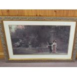 A print of an Edwardian scene in gilt frame and plus a circular frameless mirror