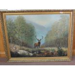 An oil on canvas of a stag and deer in woodland scene,