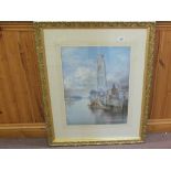 Arthur Wilson watercolour of Boston Stump and river scene with sailing boats,