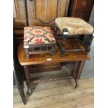 A Victorian mahogany and inlaid chess top table plus two stools