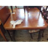 A Victorian mahogany extending dining table plus one leaf with canted corners on turned legs plus