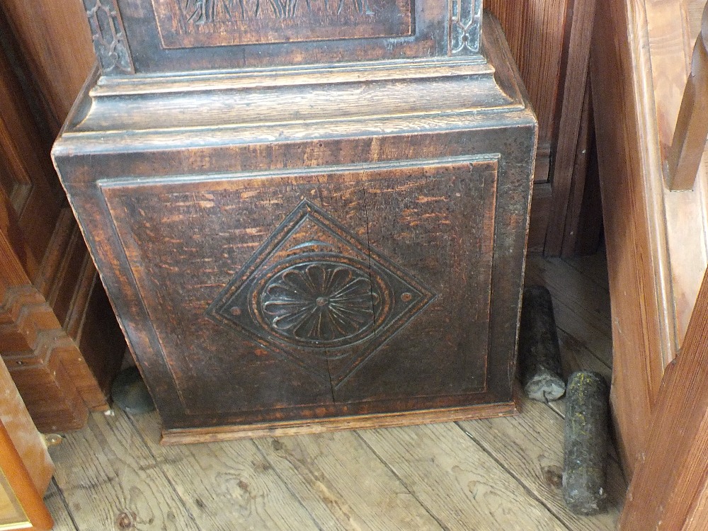 A 19th Century carved oak 8 day long cased clock with brass dial and moon roller by Wil Wilkinson, - Image 3 of 3