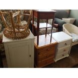 A painted pot cupboard, bedside chest x 2, cane stool,