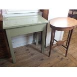 An oval Edwardian inlaid mahogany occasional table plus a green side table