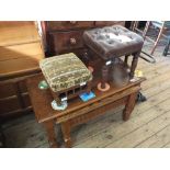 A nest of two oak tables plus two stools