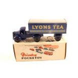 Boxed Brimtoy Pocketoy mechanical six wheeled covered lorry,