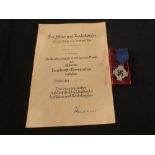 A German WWII (PATTERN) 25 Year Faithful Service medal in box with award document