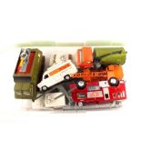 A box of unboxed Dinky Toys including Shado 2, Johnston road sweeper, Police vans,