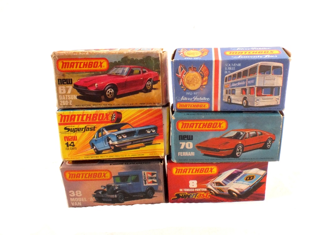 Boxed Matchbox Superfast models, 67 Datsun, 70 Ferrari, 38 model 'A' van, 14 150 Grifo,