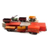 Boxed Hornby 0 gauge rolling stock, viz: RS652 Crawfords biscuit van, (2) W601 open wagons,