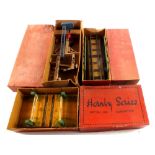 Boxed Hornby 0 gauge items including track, turntable, No.9 name boards, No.