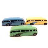 Three Dinky 29E single decker buses in two tone green,