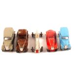 Dinky 35A saloon cars in grey and blue, 35B Midget racer, silver body, red grill and brown driver,