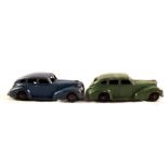 Two Dinky 39E Chrysler Royal Sedans with blue and green bodies