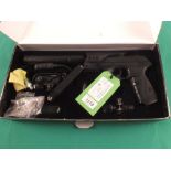 A Gamo P-25 blowback tactical C02 air pistol with coloured dot sight and torch, near new in box,