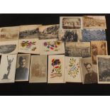 A collection of military postcards including WWI silks