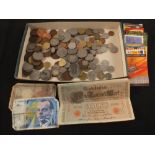 Various coins (some silver) plus German inflationary bank notes etc including miniature comic book