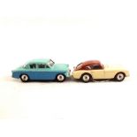 Dinky 167 AC Aceca with cream body and brown roof plus 166 Sunbeam Rapier in mid blue with