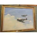 Rex Flood (1928-2009) oil on board of two Spitfires in flight titled 'Peter John III',