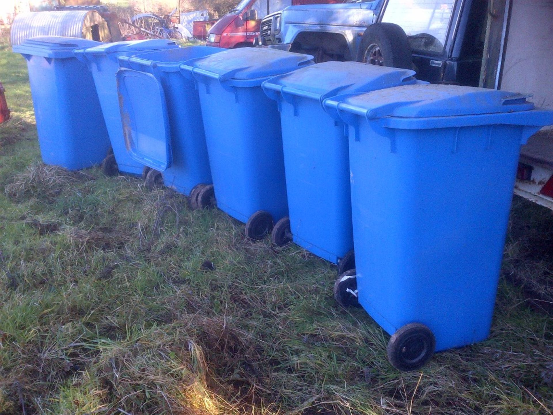 6 Clean blue wheelie bins, used for waste paper Stored near Langley, Norwich.