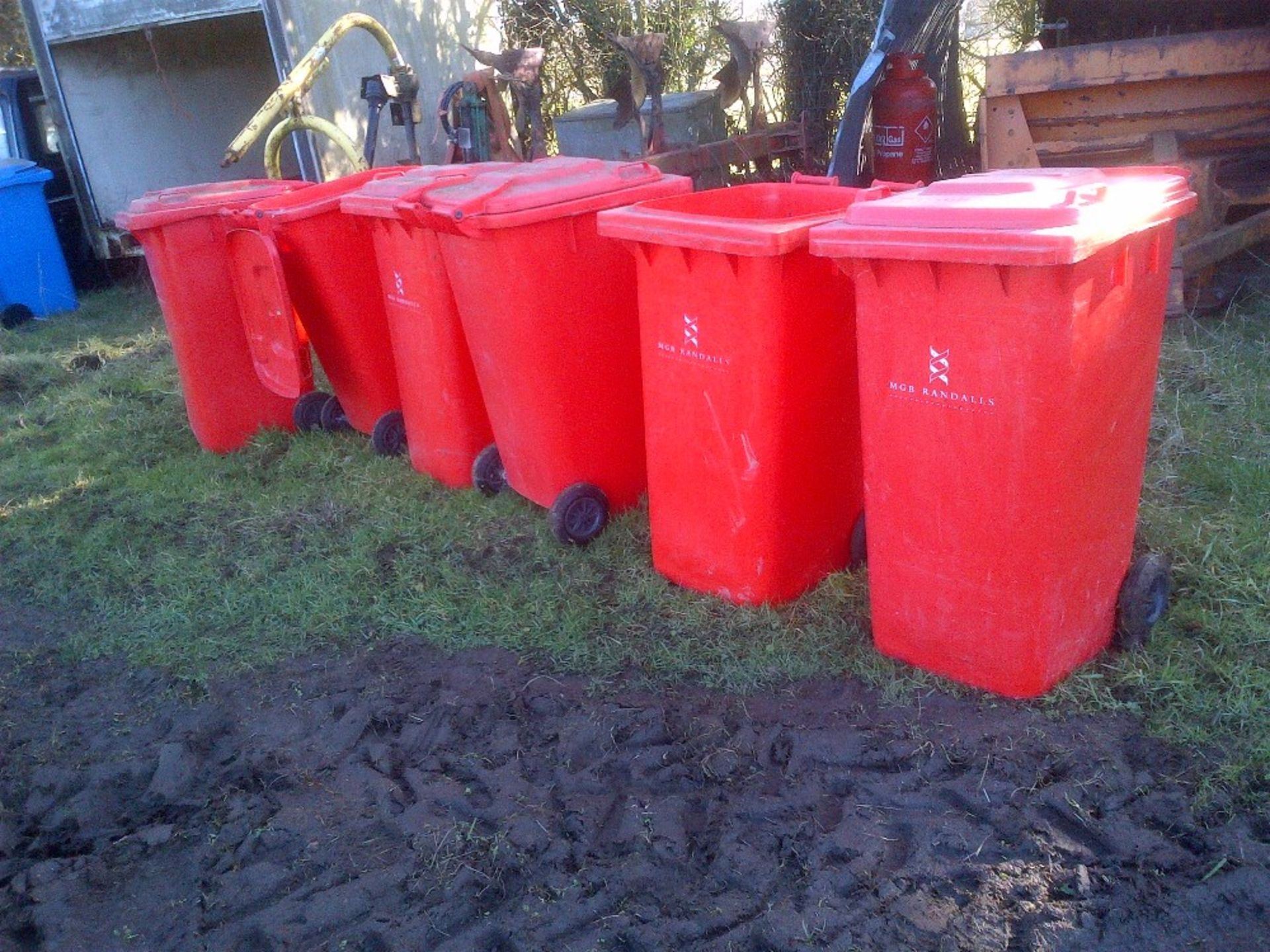 6 Clean red wheelie bins, used for waste paper Stored near Langley,