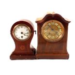 An inlaid mahogany striking mantel clock (some veneer loss) plus an Edwardian inlaid mahogany