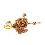 A rolled gold brooch, gold plated chain,