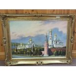 An oil on canvas of a central European scene with buildings,