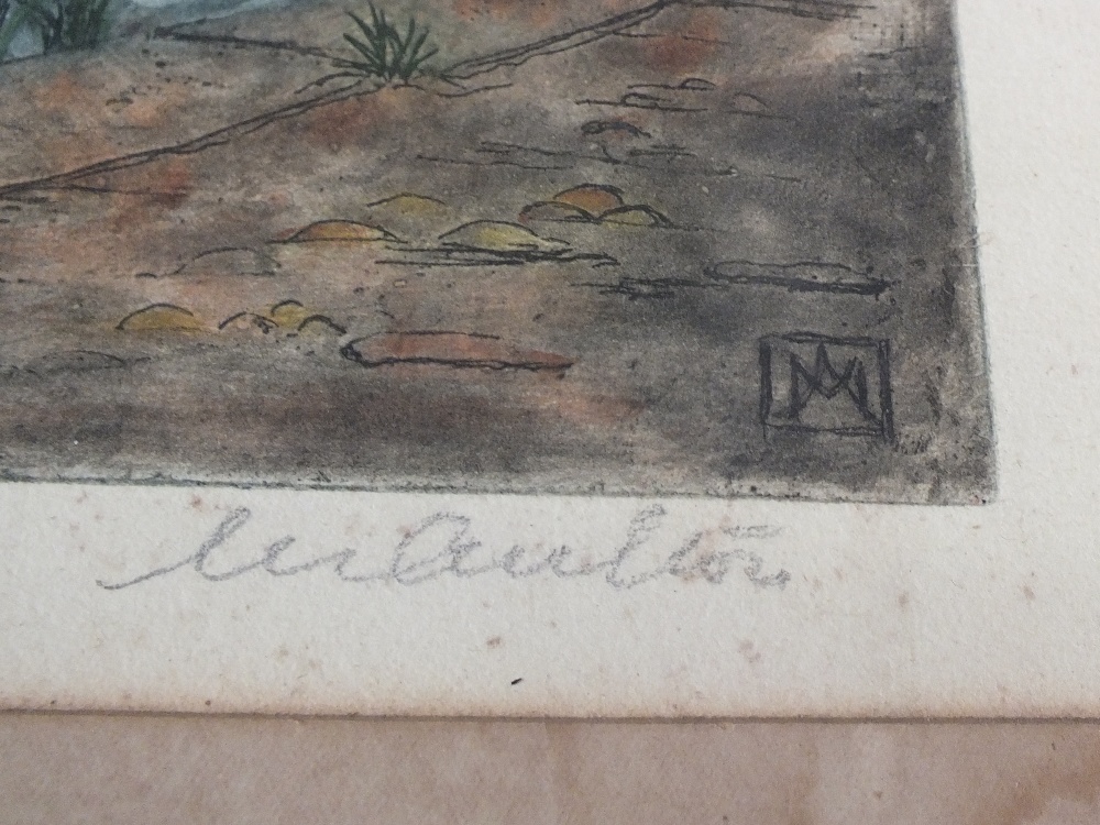 Three continental coloured etchings of river and town scenes, monogram and signed in pencil, - Image 6 of 6