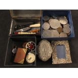 A box of miscellaneous items including jewellery and coins