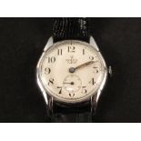 A gents circa 1949/50 stainless Tudor Rolex wristwatch with black leather strap,