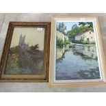 A watercolour of Cirencester Abbey signed Baile, John Ridger oil on board of a mill pond, O.M.