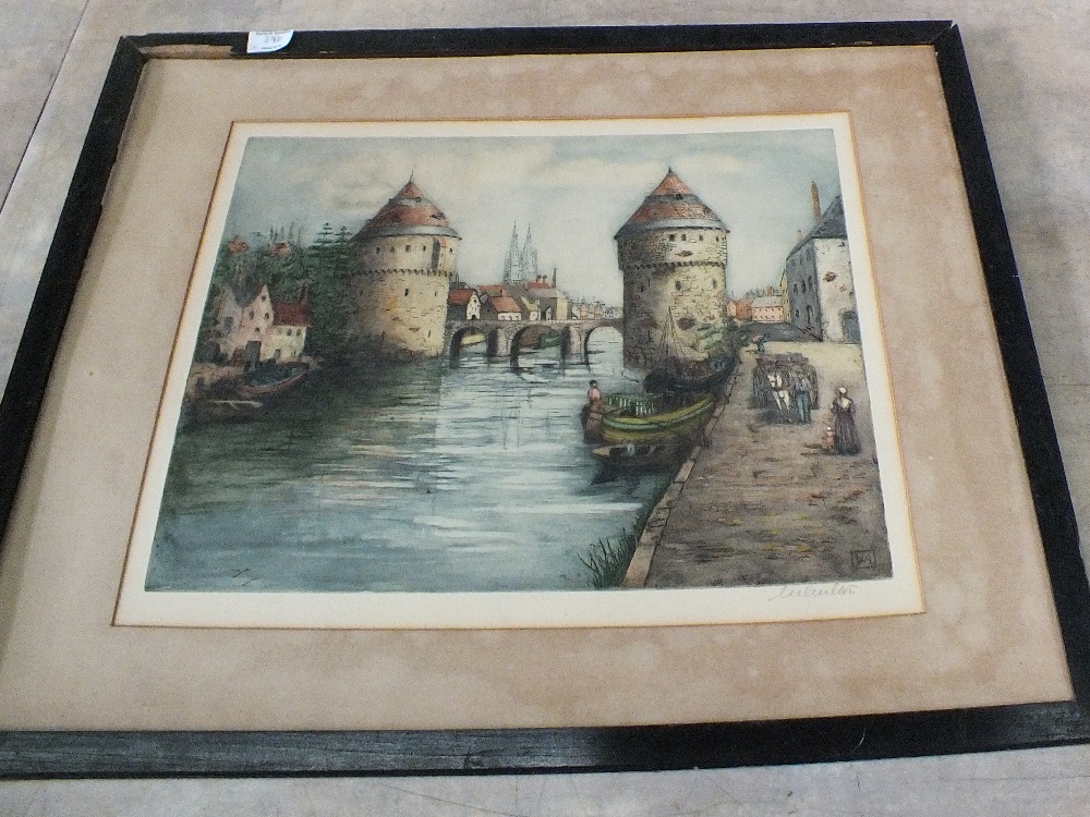 Three continental coloured etchings of river and town scenes, monogram and signed in pencil, - Image 3 of 6