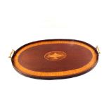 A heavy twin brass handled mahogany and satinwood oval gallery tray with inlaid urn motif,