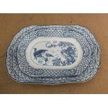 Three graduated blue and white oriental pattern meat plates