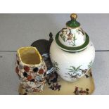 An Italian bird decorated jar and cover, Sylvac pebble vase,