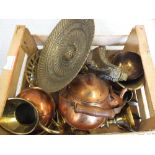 A collection of brass and copper including giant brass kettle (three boxes)