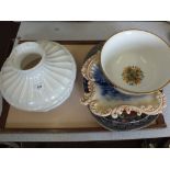 A Franklin porcelain game bird bowl, a glass shade, Flow Blue Conway Castle plus other plates,