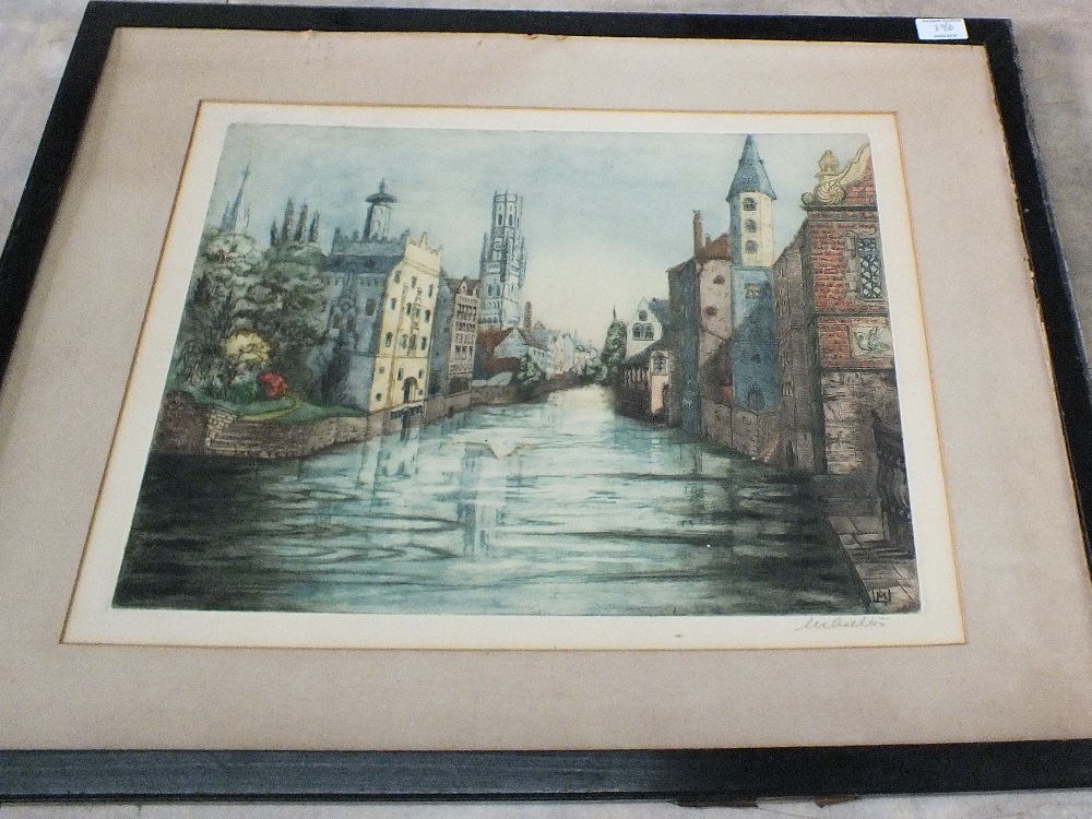 Three continental coloured etchings of river and town scenes, monogram and signed in pencil,