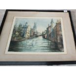 Three continental coloured etchings of river and town scenes, monogram and signed in pencil,