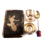 A Siamese white metal cigarette case plus other items