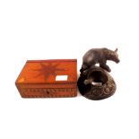 A Black Forest bear ashtray plus an inlaid wooden card box