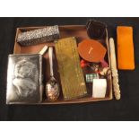 A tray of miscellaneous items including embossed silver plated box, bone handled magnifier,