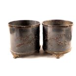 A pair of oriental pewter jardinieres with brass mounts and bronze tree bud appliques,