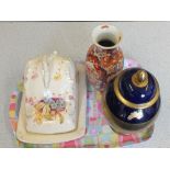 A Victorian cheese dish plus two Japanese vases