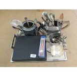 A silver plated three piece tea set plus other silver plate and cutlery