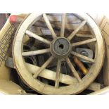 A box containing vintage barrow wheel,