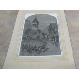 A framed watercolour of a Cambrian landscape plus a black and white charcoal drawing 'Alps Village',