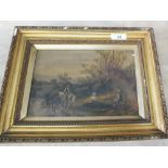 A 19th Century oil on canvas of a rural scene with figures and horses, monogram SHB,
