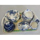 Copeland dragon decorated blue and white tea wares plus other china and glass (two trays)